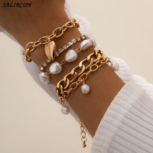 Salircon Vintage Multilayer Chains Bracelets Kpop Charm Crystal Heart Imitation Pearl Pendants Bracelet on Hand Couple Jewelry
