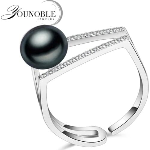 100% real freshwater black natural pearl ring for women,wedding 925 sterling silver adjustable ring female