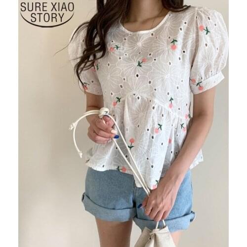 Women Blouses Summer Shirts New Chic Embroidered Flower Hollow Out Tops Short Sleeve Shirt Sweet Fashion Women Blouses 13650