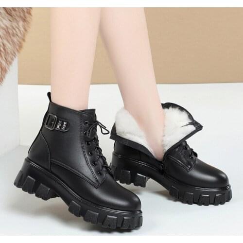 Genuine Leather Wool Platform Heels Designer Boots Women Nice Winter Woman Booties Ankle Boots Female Black Shoes Women Heels 43