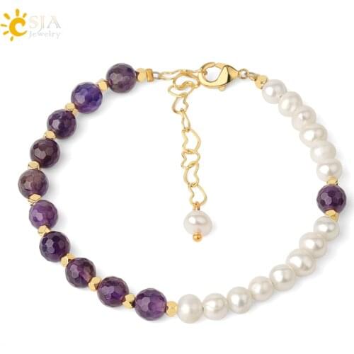 CSJA Natural Crystal Pearl Bracelets Gold Color Heart Link Chain Faceted Gem Stone Adjustable Strand Bracelet Women Pulsera G578