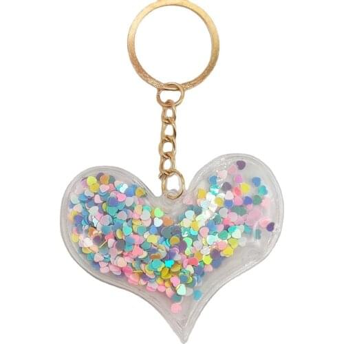 DIY Heart Shape Keychain Resin Plastic Dreamy Sequins Flowing Sand Cute Key Chain Pendant for Women Gift Key Fob