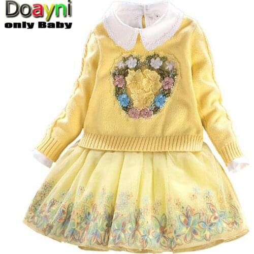 Doayni Baby Girls Knitted Clothing 2Pcs/Set Heart Floral Knitted Coat+Shirt Butterfly Lace Mesh Dress Kids Clothing Sets 3-7Y