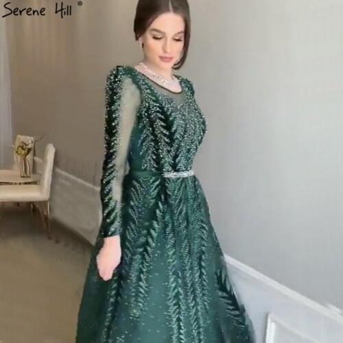 Dubai Design Green Long Sleeves Evening Dresses 2020 O-Neck Beading Sequined A-Line Formal Dress Serene Hill LA70040