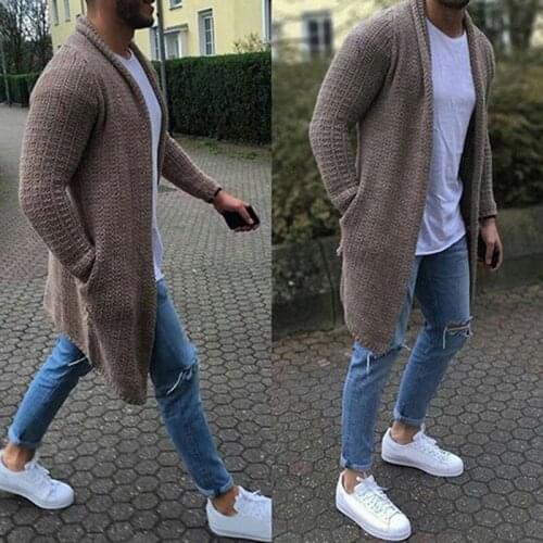 Cardigan Sweater Men Extra Long Mens Sweater Coat with Pocket Casual Slim Fit Solid Color Knitted Sweaters Pull Homme Men Coats