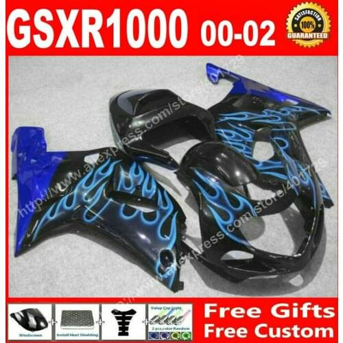Injection molded Fairings for SUZUKI GSXR1000 2000-2002 GSXR 1000 high quality black with blue flames kit 7 gifts WSD53