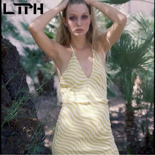 LTPH sexy V-neck halter dress women satin texture Wavy striped print backless sleeveless camisole dresses short 2021 summer new