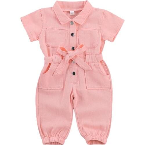 Fashion Girls Kids Jumpsuit Jeans One Piece Toddler Standing Collar Pocket Short Sleeve Romper Playsuit Outfit 2-6Y