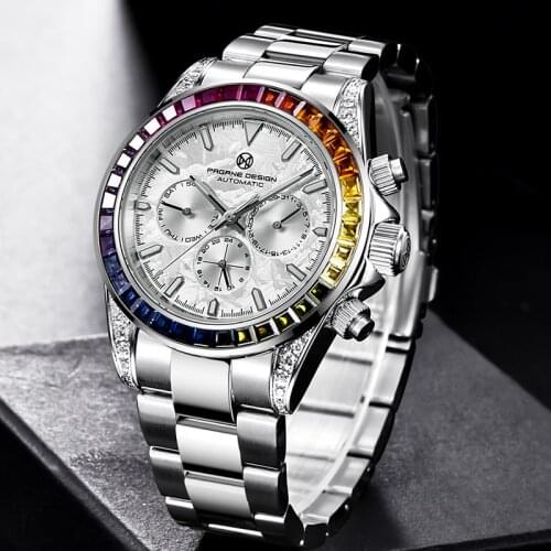 PAGRNE DESIGN Men Mechanical Watch Luxury Stainless Steel Automatic Watch Rainbow Circle Automatic Date 100M Waterproof Relogio