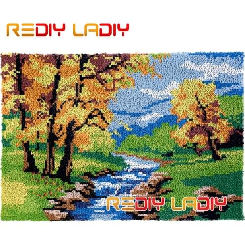 Latch Hook Kits Autumn Stream DIY Carpet Rug Needlework Plush Wall Hanging Chunky Yarn Art Crocheted Floor Mat Hobby & Crafts