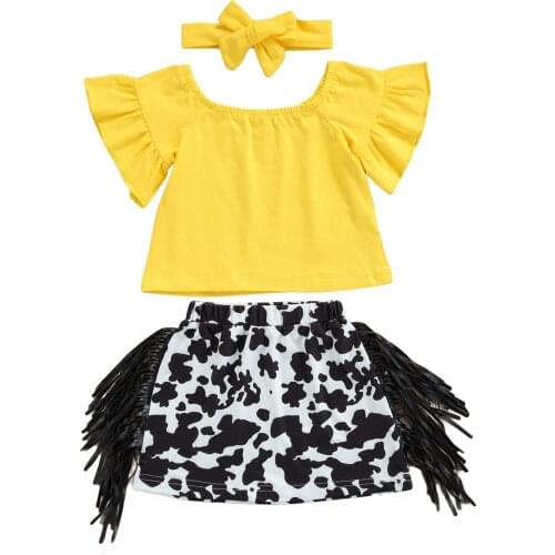 New 3 Pieces Kids Suit Set, Solid Color U-Neck Short Sleeve Tops+ Leopard Print Skirt+ Headband for Summer, 2-7 Years