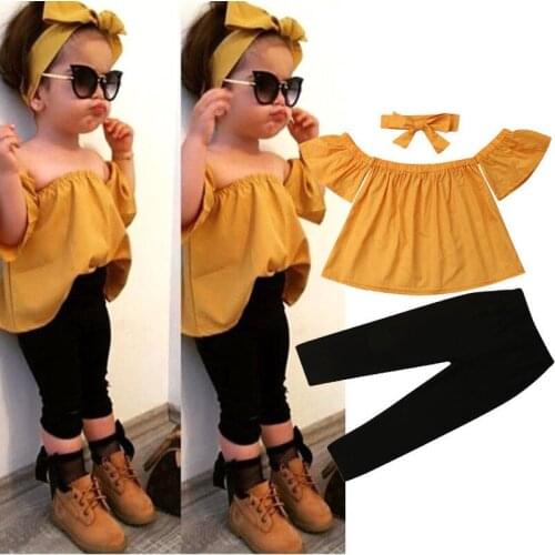 Toddler Baby Girls Clothes Off Shoulder Pullover Short Sleeve Tops Solid Pants Bow Headband 3pc Set Kids Cotton Outfits 2-7 Year