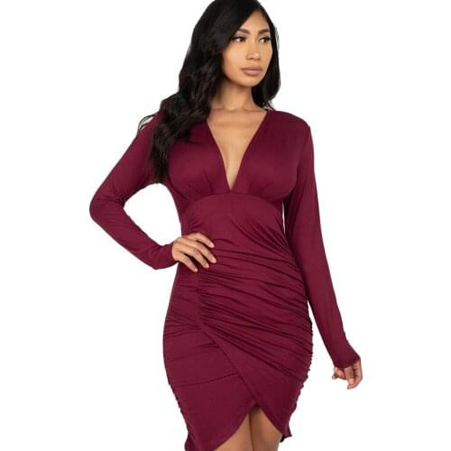 2021 Autumn Solid Color Pleated V Neck Sexy Ladies Draped Long Sleeve Slim Dress Night Club Party Wear Elegant Bodycon Dresses