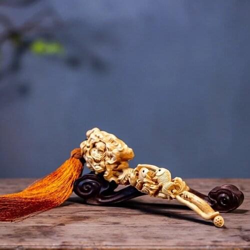 20CM Fish Ruyi Boxwood Carving Solid Wood Carving Home Feng Shui Furnishing Arts and Crafts Gifts Decoration Ruyi New Year Gifts