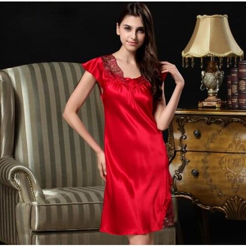Sexy Red 100% silk women nightgown solid color summer sleepwear dress for womens Simple leisure noble women silk homewear