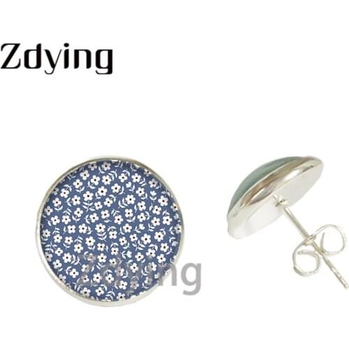 Zdying Bohemia Small Beautiful Flowers Girls Stud Earrings Glass Photo Cabochon Dome Earrings For Party Wedding Jewelry ZZ158
