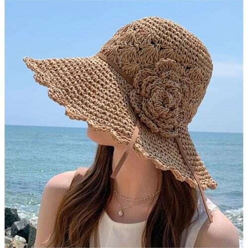 2021 FASHION Summer New Womens Sun Hat Bucket cap beige lace Bowknot Flowers Ribbon Flat top Panama soft Straw Hat Beach Caps