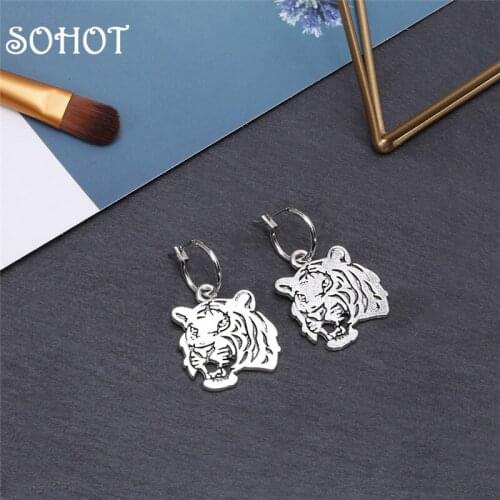 SOHOT Cute Animal Tiger Head Dangle Circle Men Women Drop Earrings Trendy Punk Unisex Jewelry Brincos