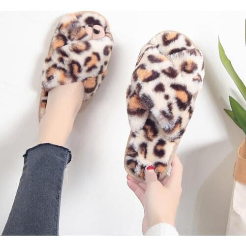 2021 New Women Autumn Winter Women Leopard Cross Band Soft Plush Floor Fluffy Slippers Open Toe Cozy Warm Bedroom Shoes