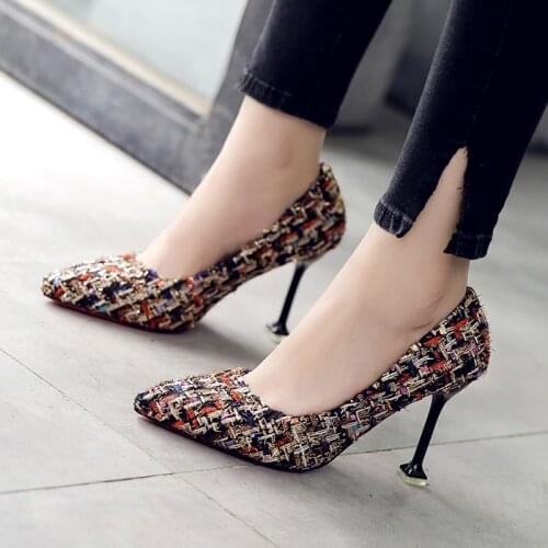 Women Dress Shoes Tweed Pumps Supper High Heels Ladies Shoes Ol Office Lady Shoes Plaid Wool Basic Pumps zapatos mujer N7798