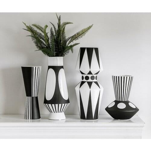 Geometric Symmetrical Black White Lines Ceramic Vase Modern Dining Table Countertop Flower Basin Wedding Decor Accessories Gifts