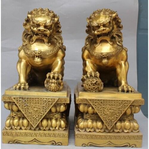 Height 44 cm A Pair Chinese Bronze Fengshui Guardian Foo Fu Dog Phylactery Door Lion Leo