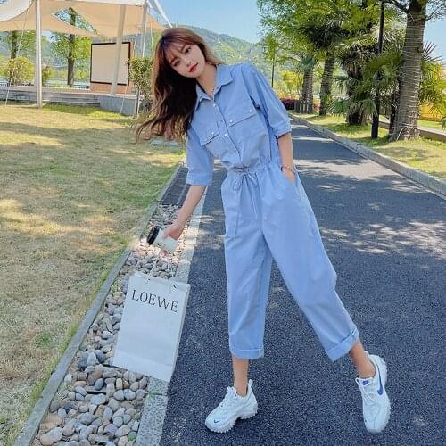 Women Short Sleeve Lapel Wathet Jumpsuit 2021 Summer Safari Style Loose Casual Straight One Piece Pants Sets Overalls Streetwear