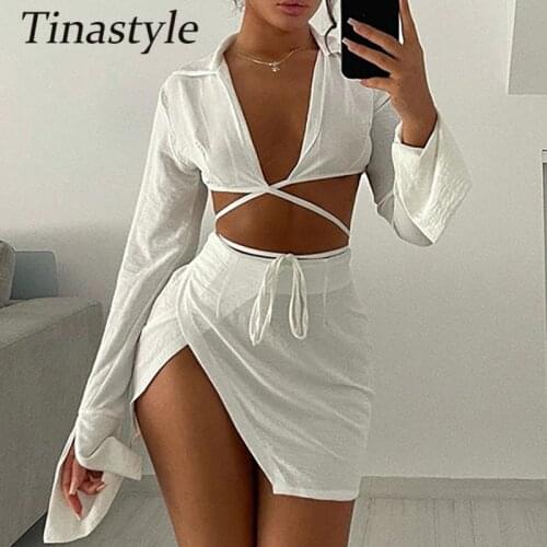 Tinastyle White V Neck Bandage Tshirt and High Waist Split Skirt Women Two Piece Set Skirts Womens Solid Party Wear Vestidos