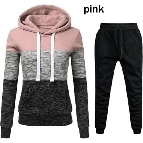 Fashion Two Piece Set Women Striped Color Patchwork Hoodie +Pants Autumn Spring Tracksuit Women Sets Vetement Femme 2021