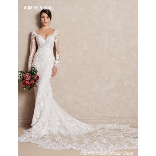 Newest Wedding Dress Mermaid Lace Deep Sweetheart Neckline Full Sleeves Open-Back Plus Size Bride Gown 2021 Vestidos De Novia