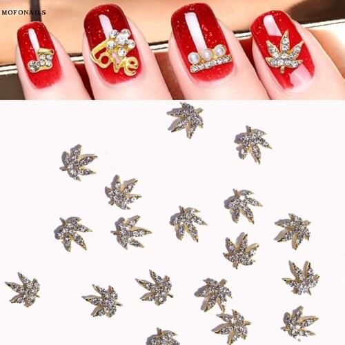 100pcs/lot 3D Nail Art Charms Maple-Shape Metal Alloy Stud Crystal Charm Gold Clear AB Rivet Luxury Nail Tip Art Charm Accessory