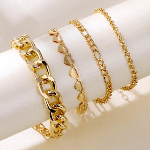 2021 Punk Metal Heart Chain Bracelet Set for Women Statement Retro Geometric Thick Chain Metal Charm Bracelet Jewelry Gift