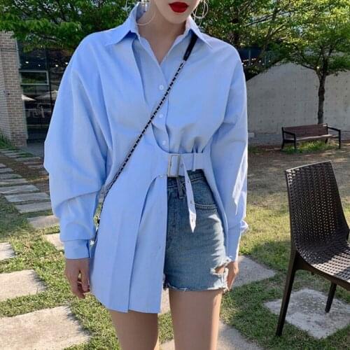 2021 Spring Autumn New Blusas Long-sleeved Simple Fashion Trend Ladies Blue Irregular Shirt Coat Plus Size Blouse Tops