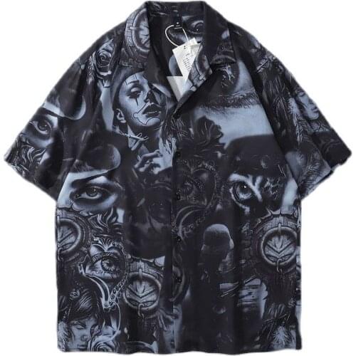 2021 Dark Streetwear Hip Hop Vintage Men Shirt Short Sleeve Holiday Loose Casual Summer Hawaiian Shirts Women Chemise Homme Kpop