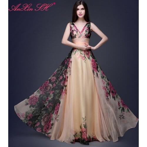 AXJFU princess v neck floral print flower satin long evening dress vintage beach turkey party flower sleeveless evening dress