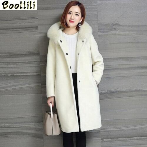 Boollili 2020 Women Real Sheep Shearing Fur Coat Fox Fur Collar Hooded Coats Medium-Long Winter Jacket Plus Size S-5XL