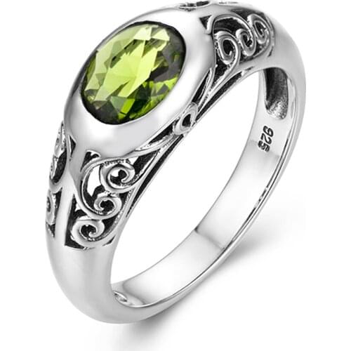 Brand Peridot Ring Plant Flower Round 925 sterling silver Ladies Rings Vintage Carve White Gold Ring Charm Fine Jewelry
