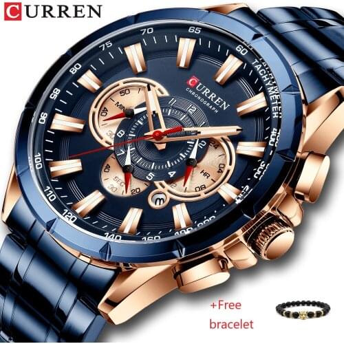 CURREN 8363 Watch Fashion Sport Man Stainless Steel Strap Waterproof Chronograph Men Luxury Sport Quartz watches(Free bracelet)