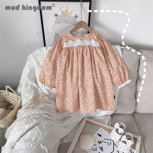 Mudkingdom Cute Girls Dress Floral Lace Puff Sleeve Dresses Square Collar Long Sleeve Kids Clothes for Girl Spring Autumn Clothe