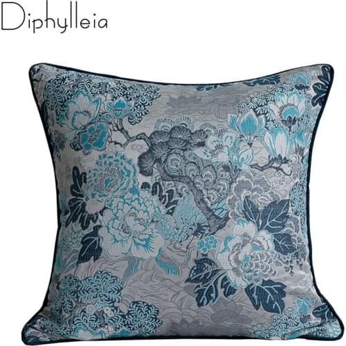 Diphylleia Luxury Designer Cushion Cover New Chinese Style Chic Home Decor Pillow Case Blue Flowers Jacquard Coussin Decorating