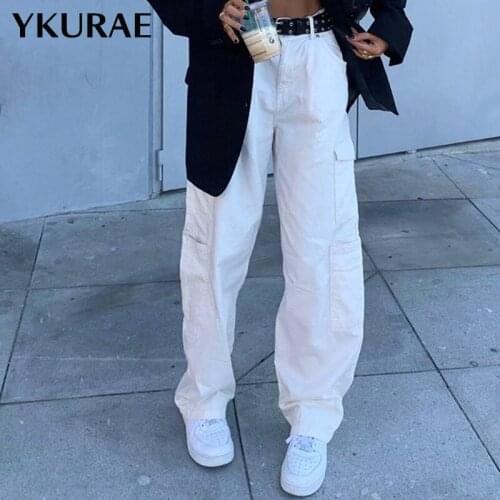 High Waist Jeans Women Cargo Pants Female Spring Autumn Casual Fashion Pocket Loose Straight Leg Denim Trousers Streetwear FL251