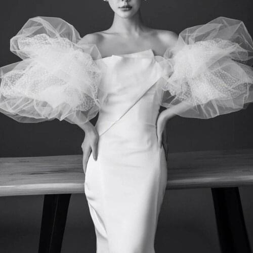 Bridal Sleeves Tulle Wedding Puff Sleeves Detachable Bridal Bicep Fluffy Mesh Decoration White Dot for Bridal Wedding Boleros