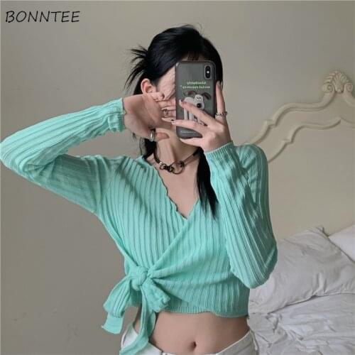 T-shirts Women Crop Tops Sexy Solid Long Sleeve V-Neck Slim Summer Bandage Clothes Casual Club Streetwear Korean Style All-match