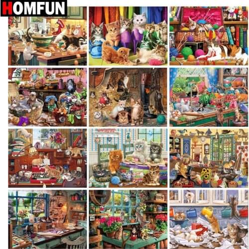 HOMFUN DIY Diamond Painting "Cat kitchen shoes" Full Drill Square Round Diamond Embroidery 5D Cross Stitch Decoration Home