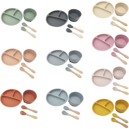 4 Pcs Baby Silicone Divided Dinner Plate Sucker Bowl Spoon Fork Set Tableware