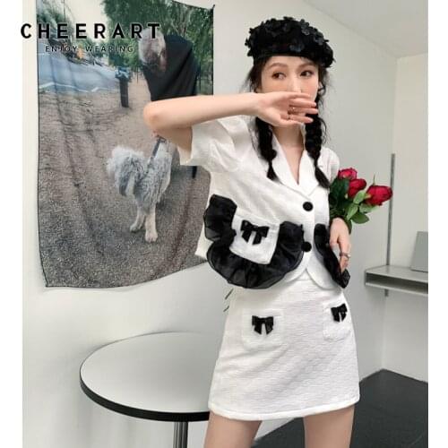CHEERART Two Piece Set Women Skirt And Top White Ruffle Designer Blazer And Skirt Set Summer Outfit 2021 Korean Fashion Clothes