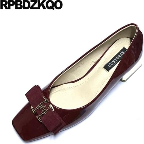 Metal square toe chinese red wine casual women flats shoes with little cute bowtie patent leather shallow bow slip on ladies