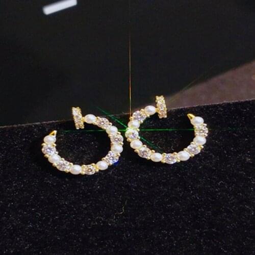 Fashion C-shaped CZ Zircon Stud Earrings for Women Mini Simulated Pearl Crystal Rhinestone Wedding Party Prevent Allergy Jewelry