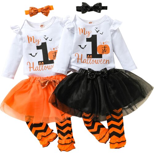 Citgeett Autumn Halloween Toddler Baby Girls Outfits Letters Long Sleeves Romper + Suspenders Skirt + Hairband Clothes Set