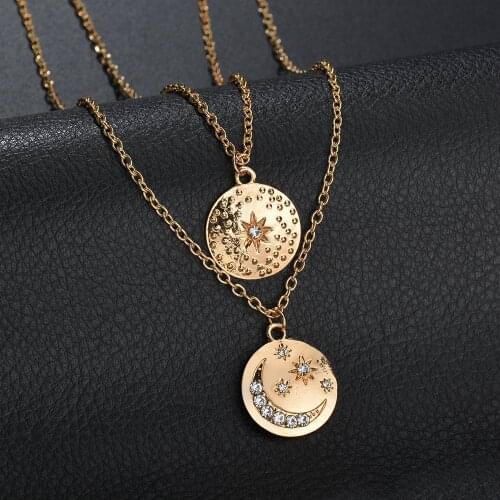 Hyperbolic Round Metal Piece Rhinestone Inlaid Star Moon Pendent Necklace for Women Men Girls Neck Collar Jewelry Gift Wholesale